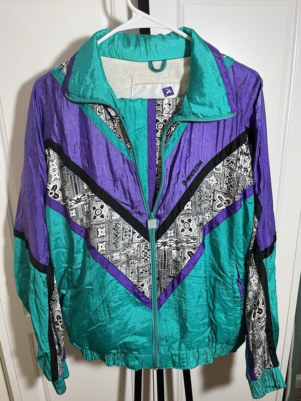 Vintage Wind Suit Womens 2 Pc White Stag Sportswear Size Medium Purple Teal